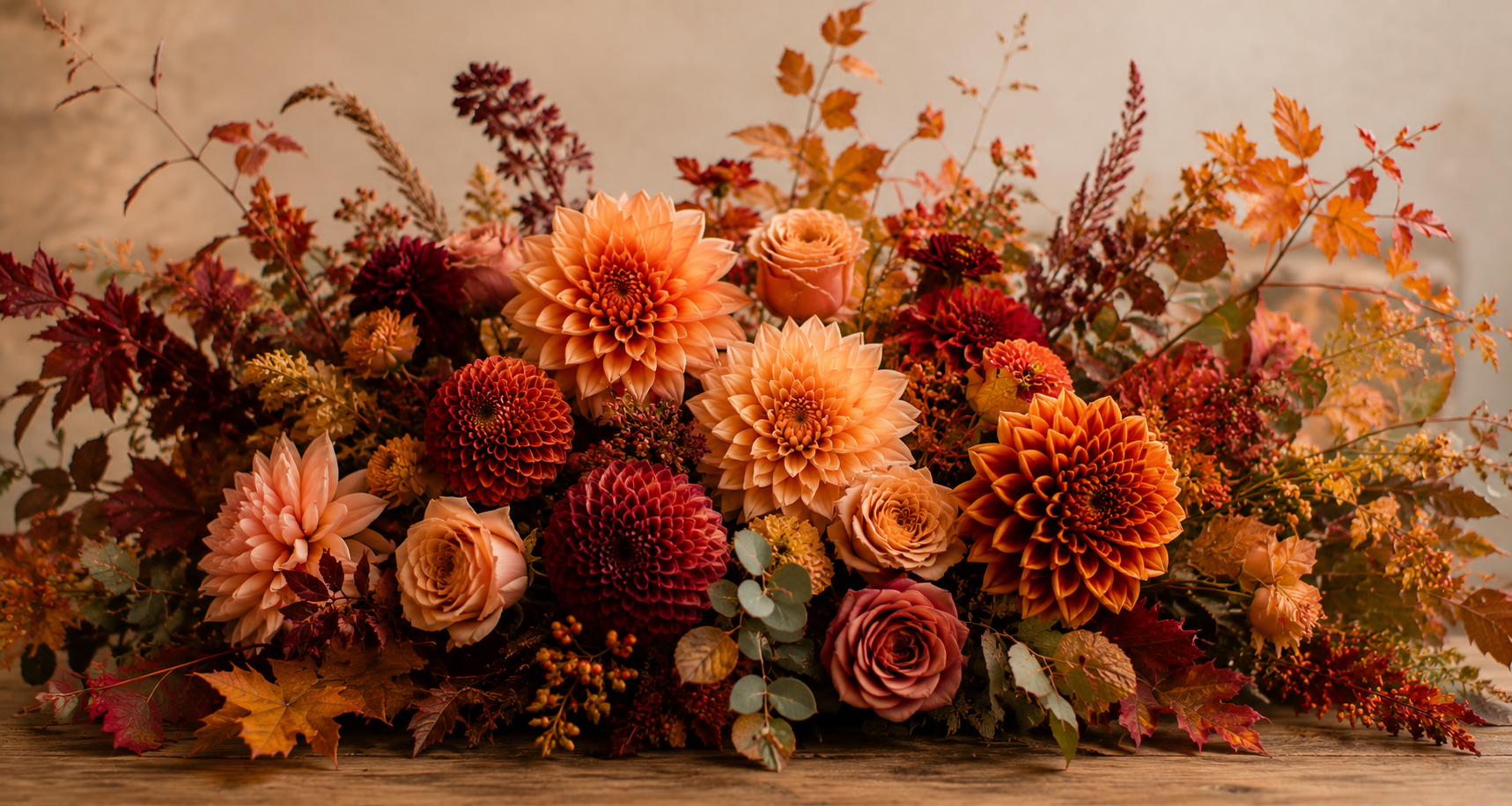 Warm-toned dahlias and autumn foliage for custom arrangements