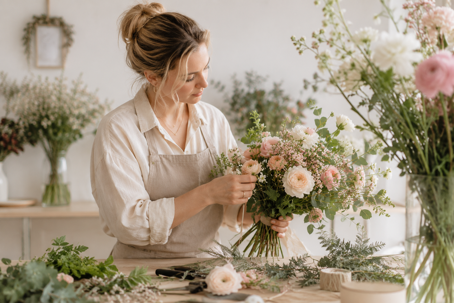 Florist arranging a seasonal bouquet in the Peony studio