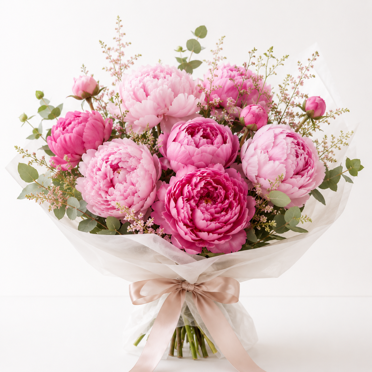 Cluster of soft pink peony flowers