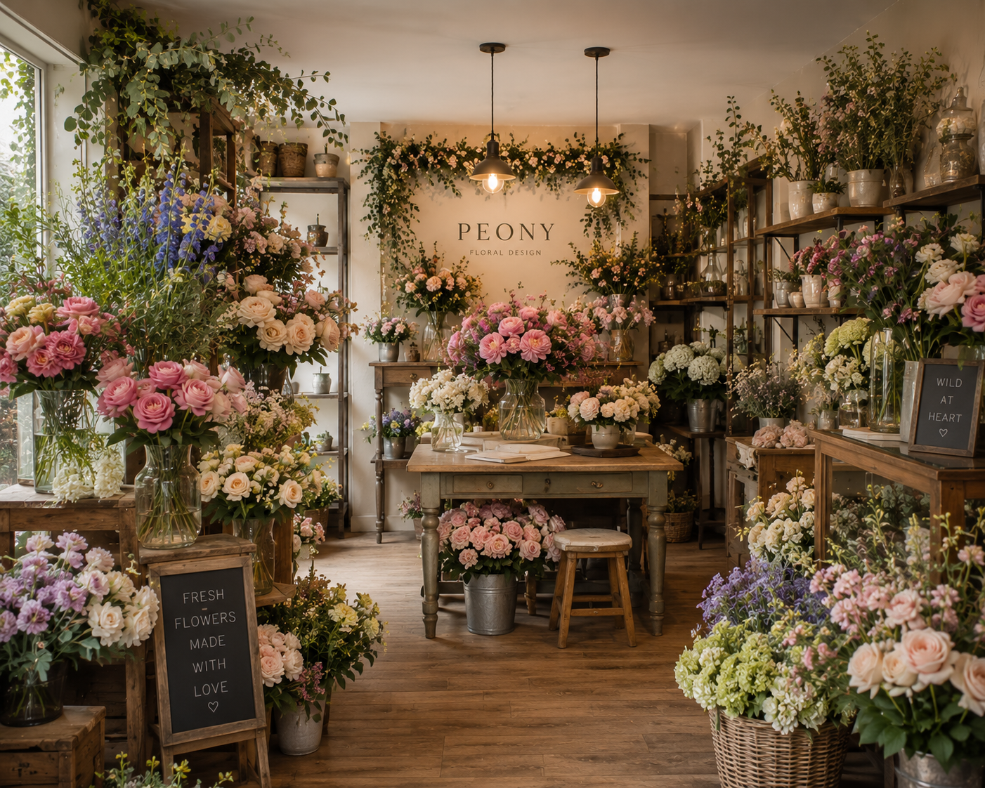 Inside the Peony flower studio, surrounded by fresh blooms