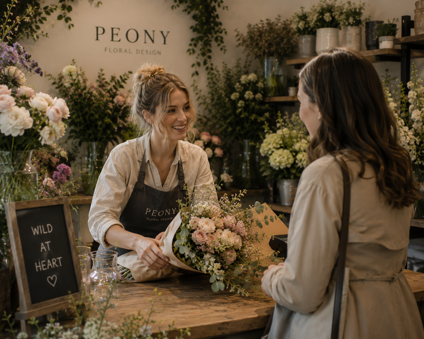 A Peony florist helping a customer choose flowers in the studio