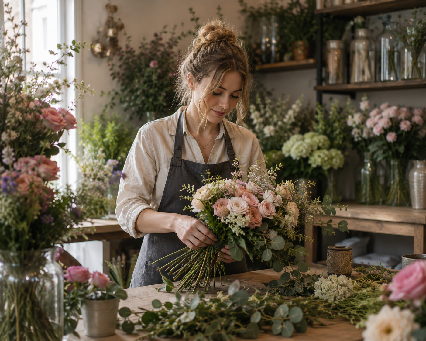 Peony florists at work arranging bouquets in the studio