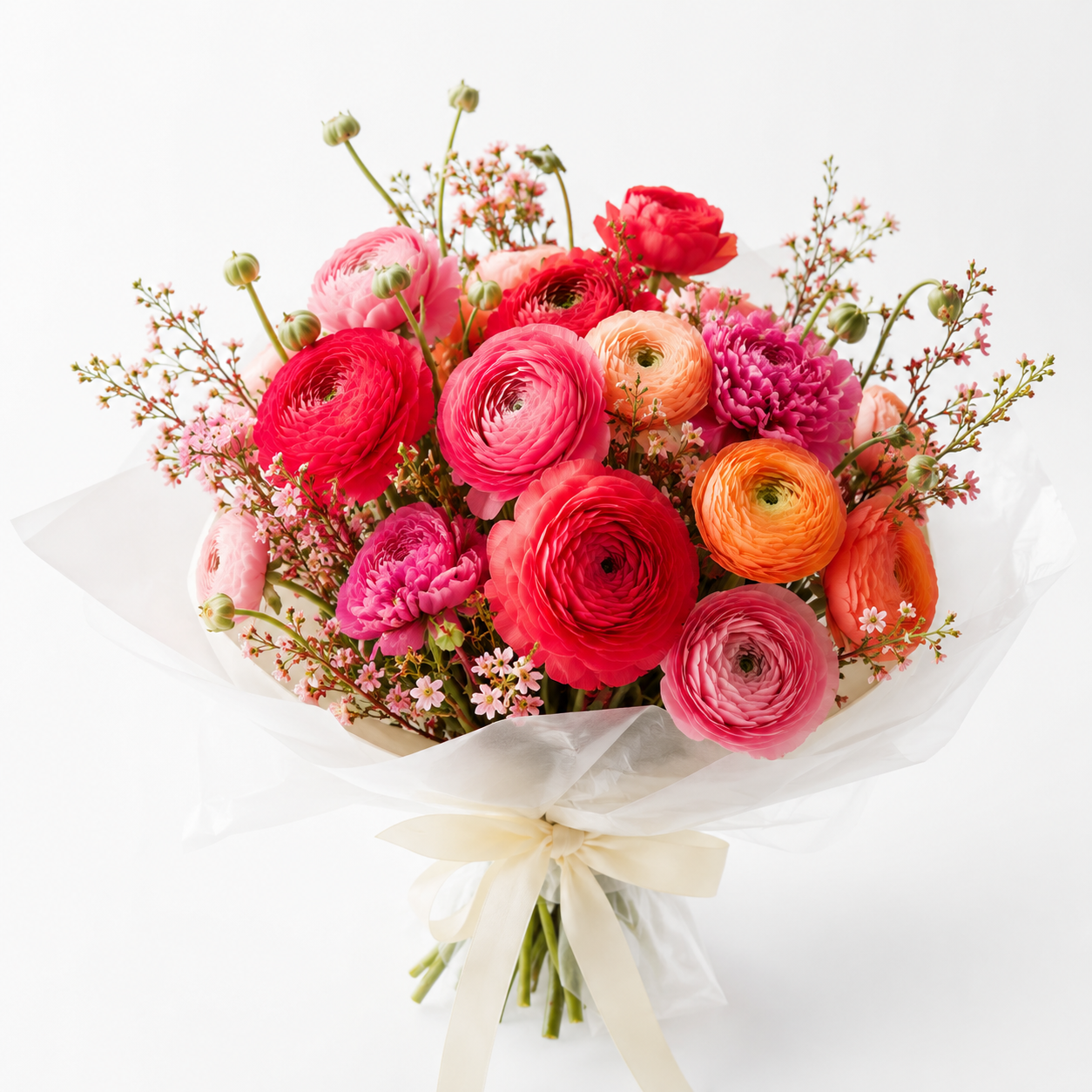 Bouquet of delicate white and cream ranunculus flowers