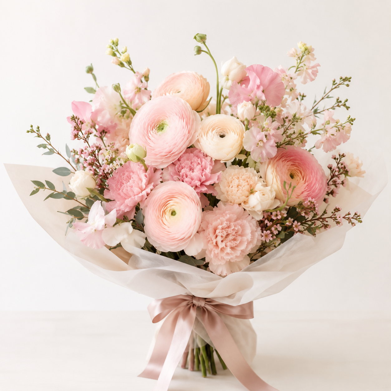 Signature bouquet with peach and white flowers in a pink box