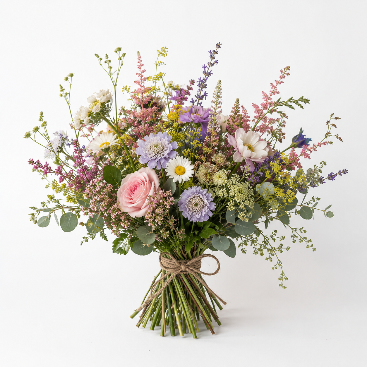 Relaxed hand-tied bunch of mixed seasonal wildflowers